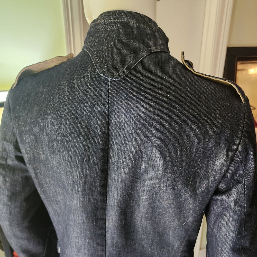 Mens Dark Wash Denim Military Field Jacket Stand Collar Epaulettes Navy Blue - Picture 10 of 14